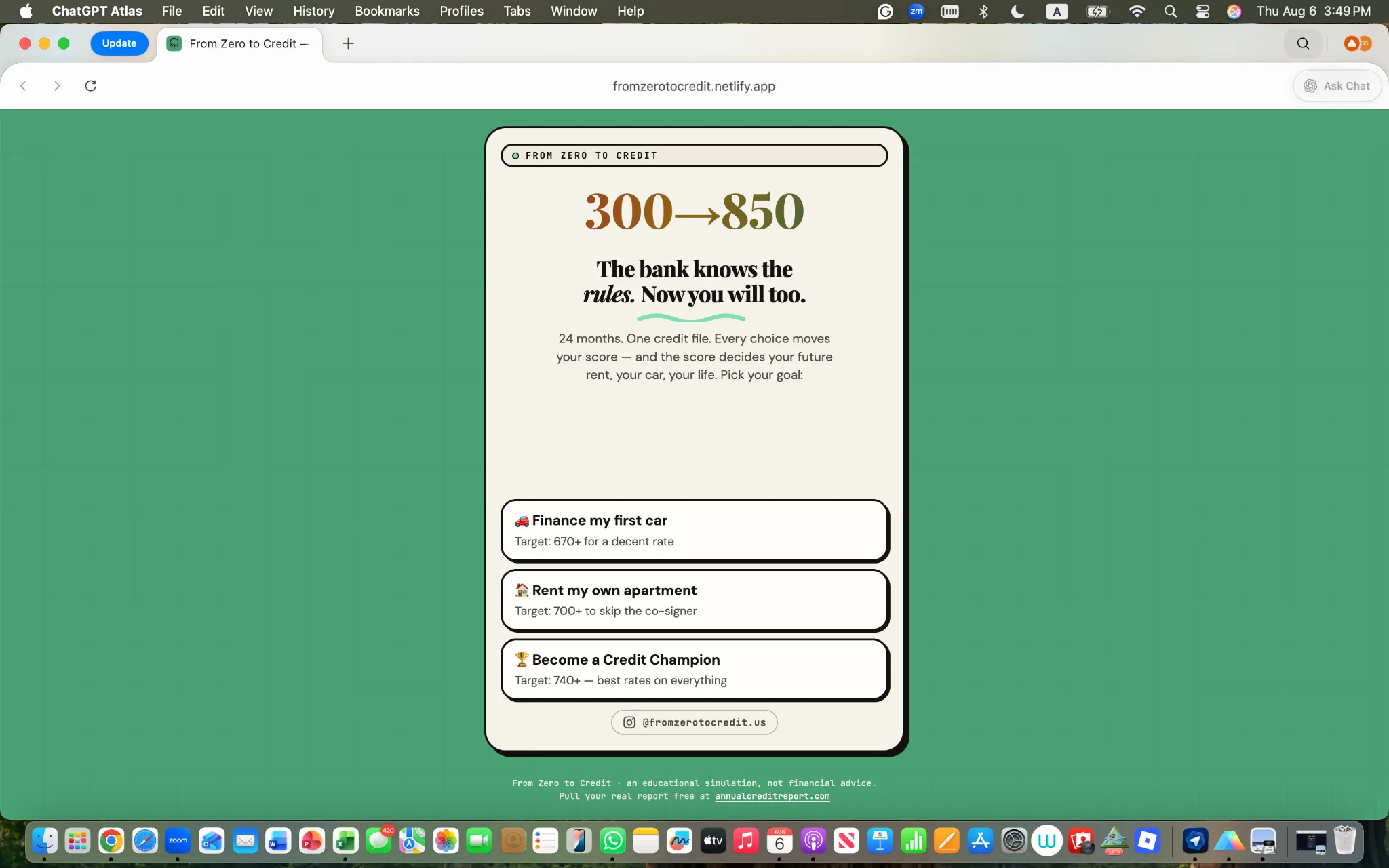 From Zero to Credit game introduction showing the 300 to 850 credit score journey