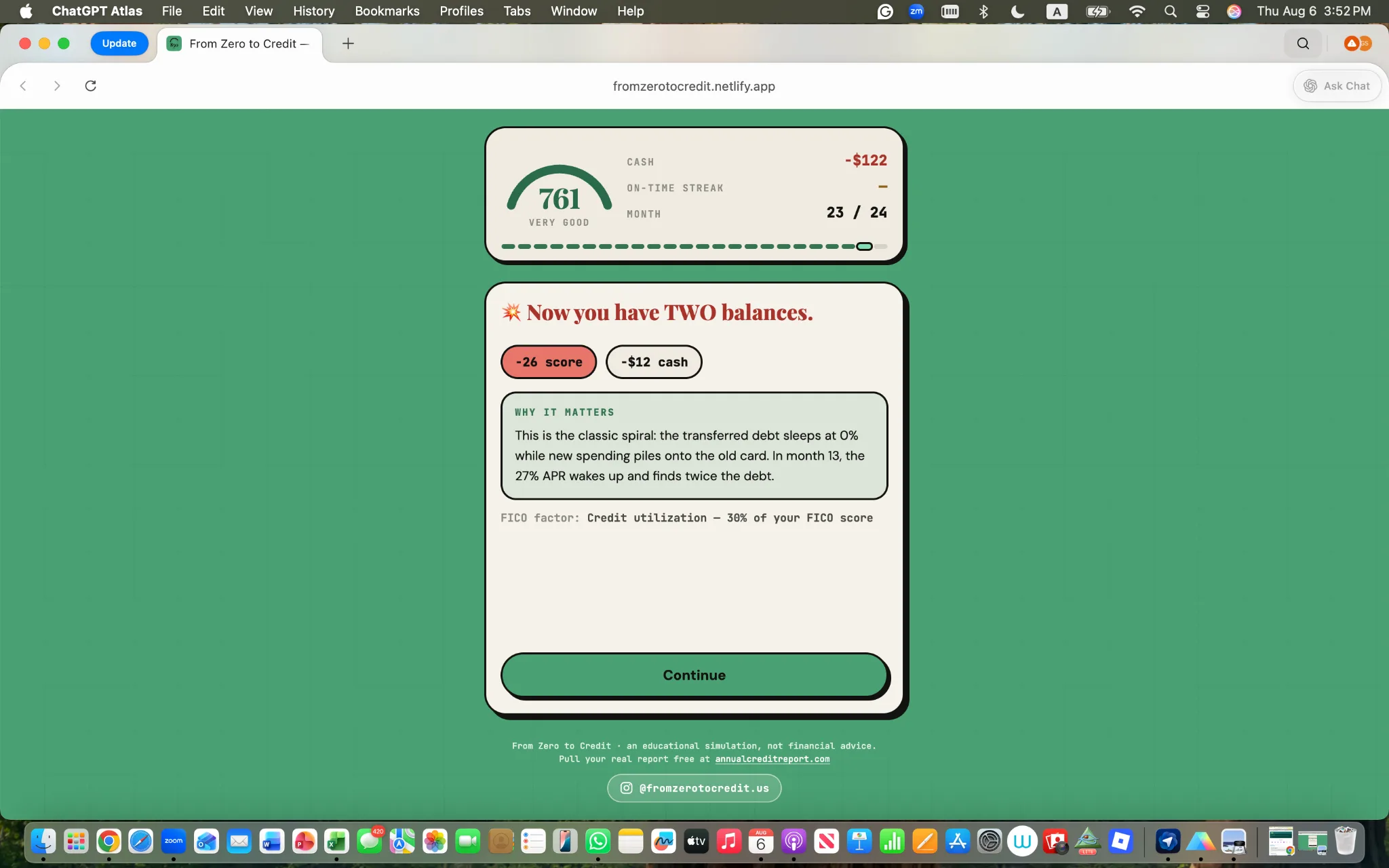 A missed decision in the From Zero to Credit simulation showing its credit impact